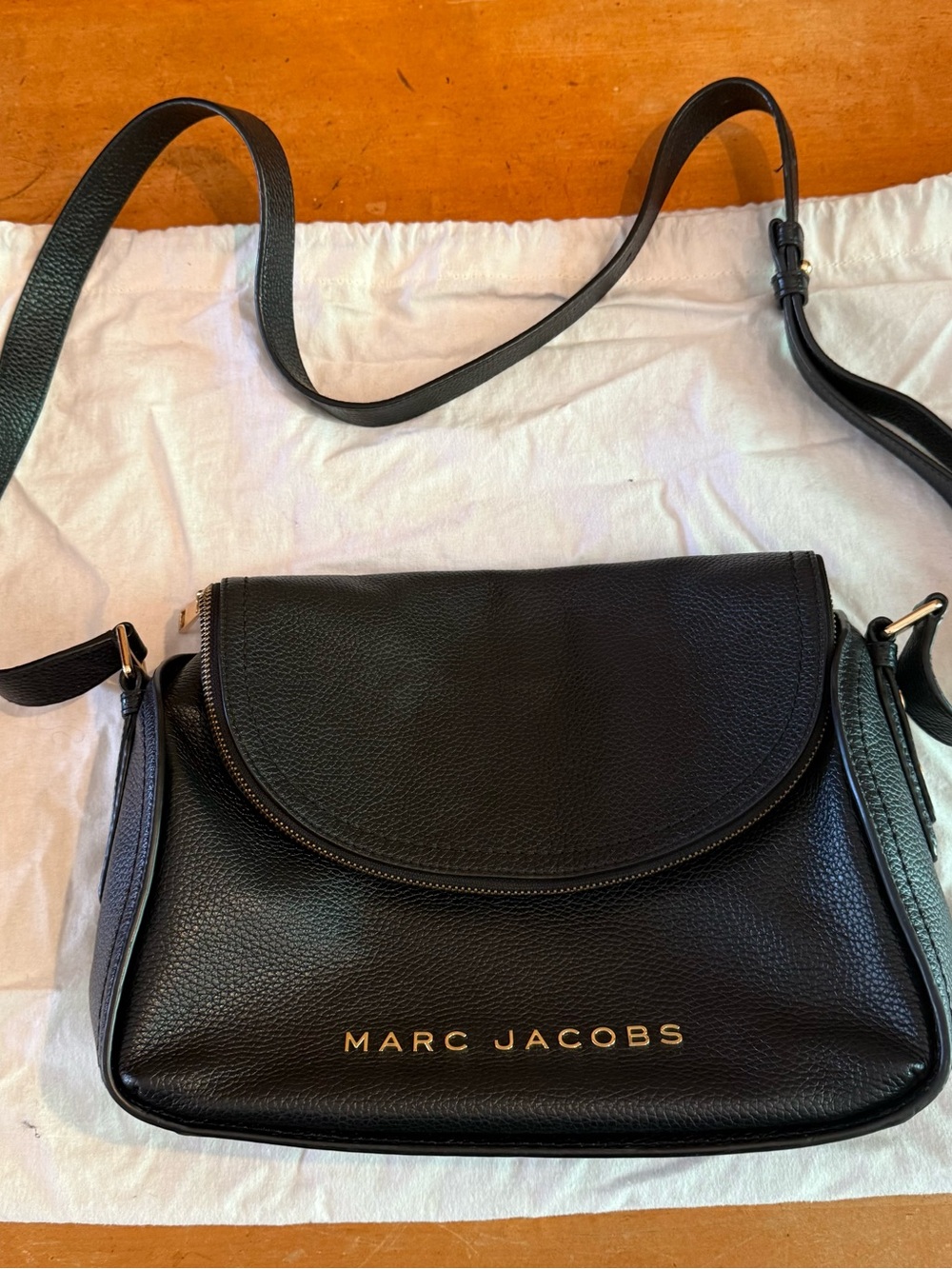 Marc Jacobs Black Pebbled Leather Flap Crossbody with Gold Logo